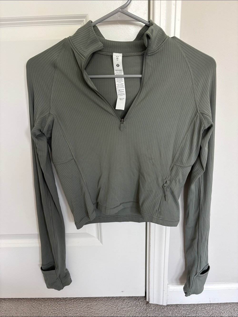 Lightweight Ribbed Half-Zip Long Sleeve Top - Sage Green